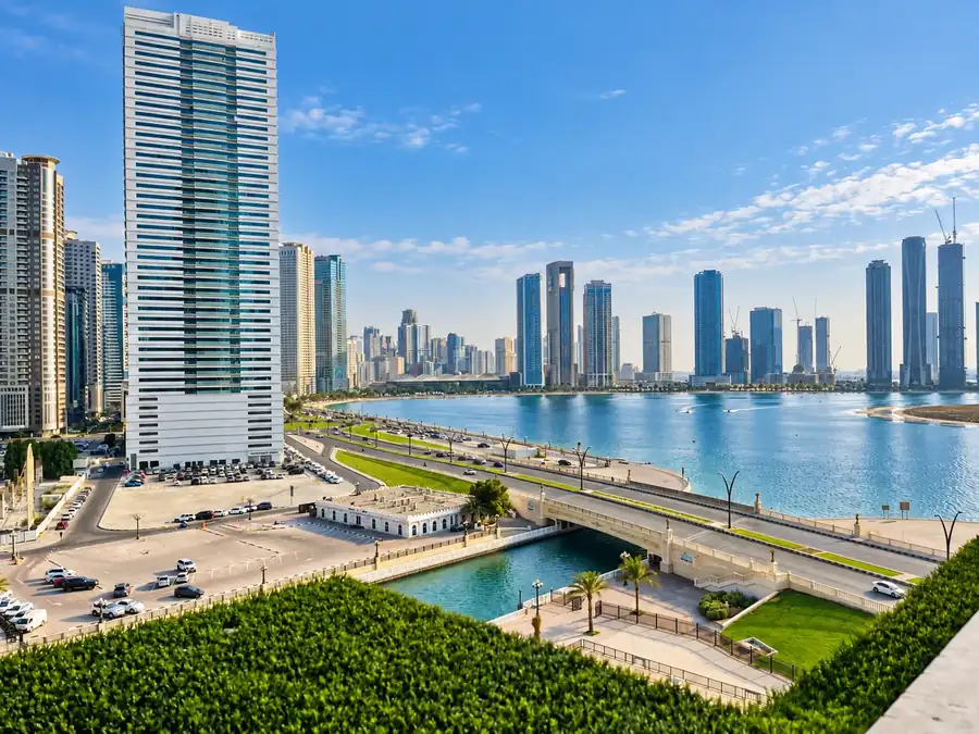 The Al Khan waterfront and Sharjah skyline from W Tower