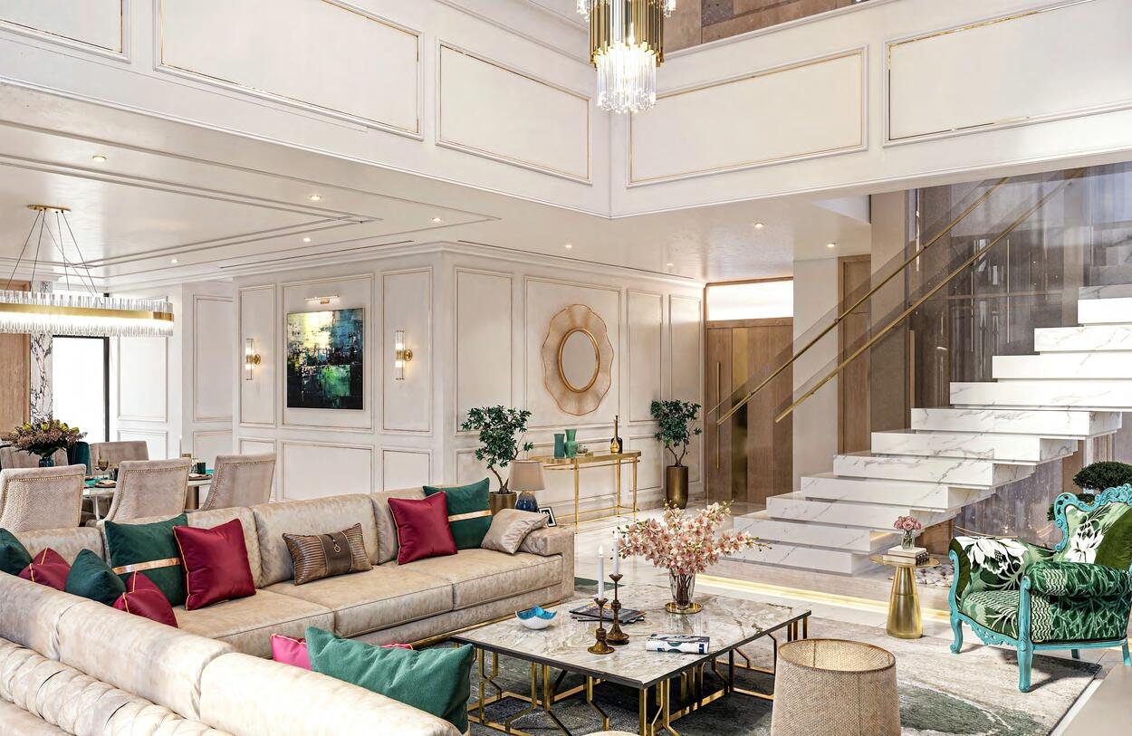 Double-height villa living area interior