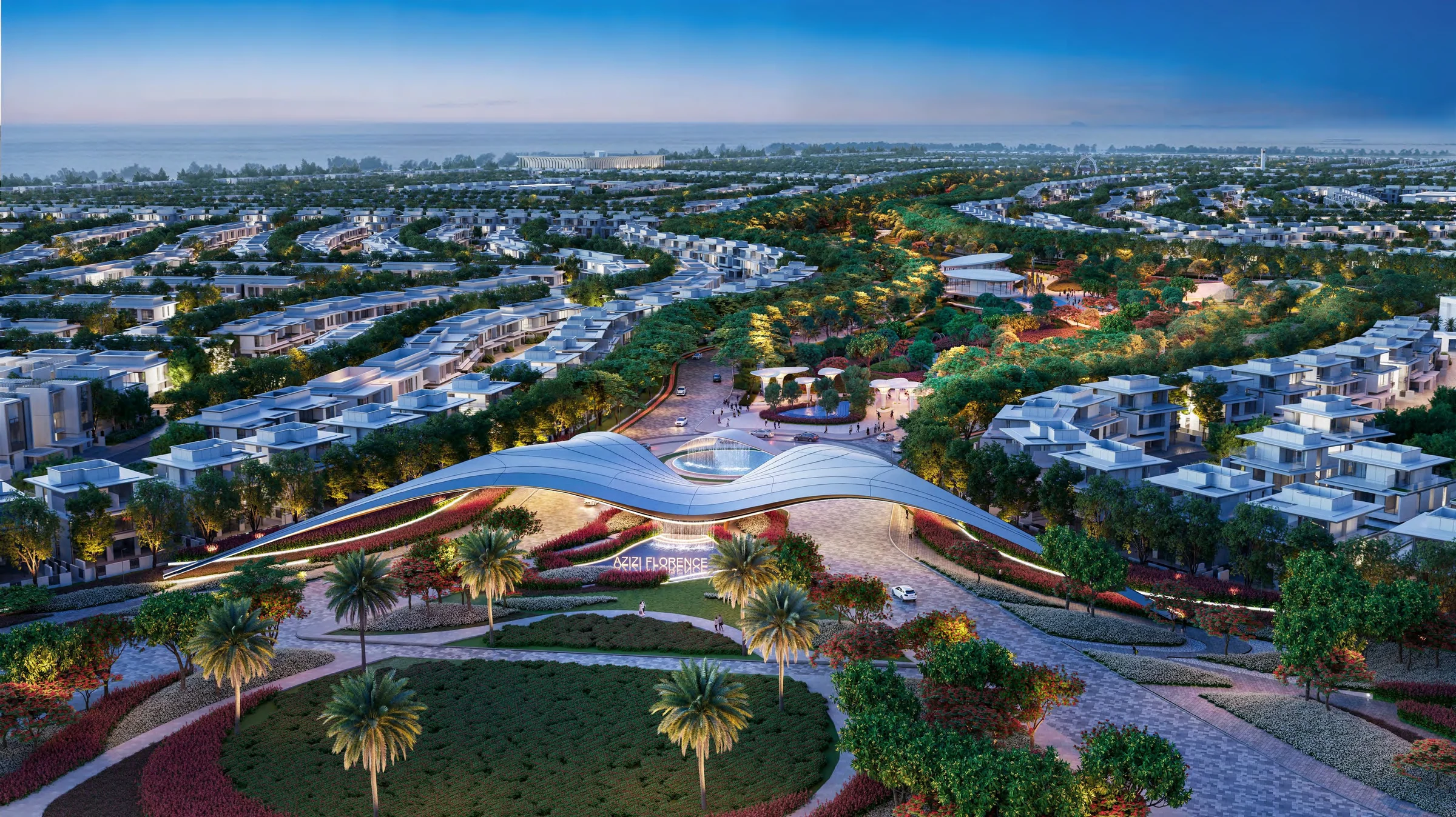 Azizi Florence at dusk: the arrival canopy and the park leading into the clusters (artist's impression)