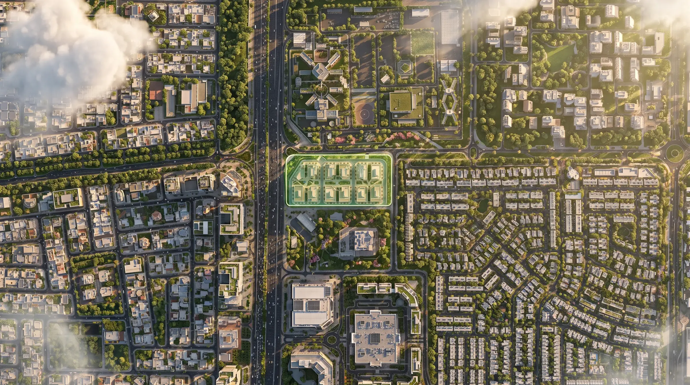 Aerial view of the District 11 site, marked in green beside Sheikh Mohammed Bin Zayed Road (artist's impression)