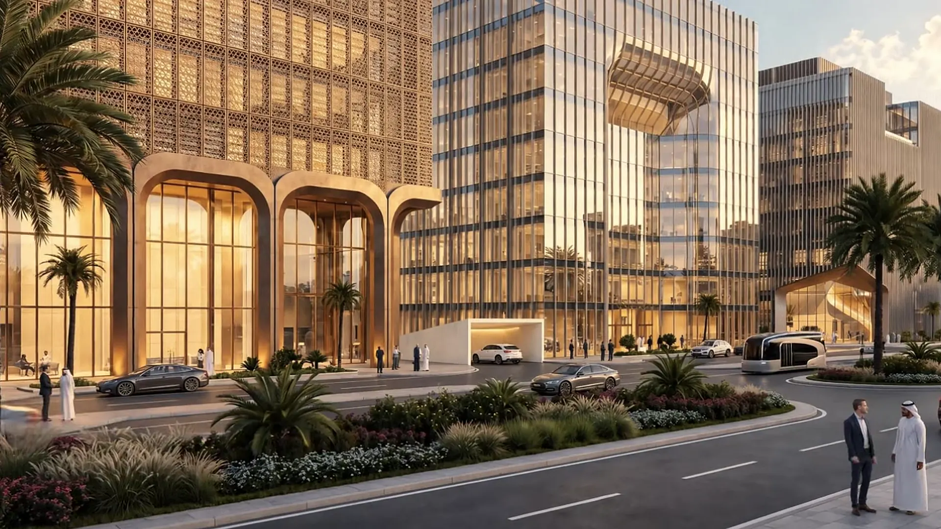 A District 11 street with arched building entrances and palm-lined landscaping (artist's impression)