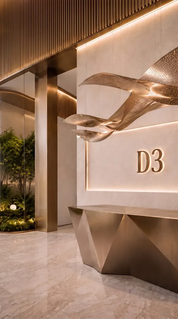 Lobby of District 11 building D3, with a sculpted metal artwork above a faceted reception desk (artist's impression)