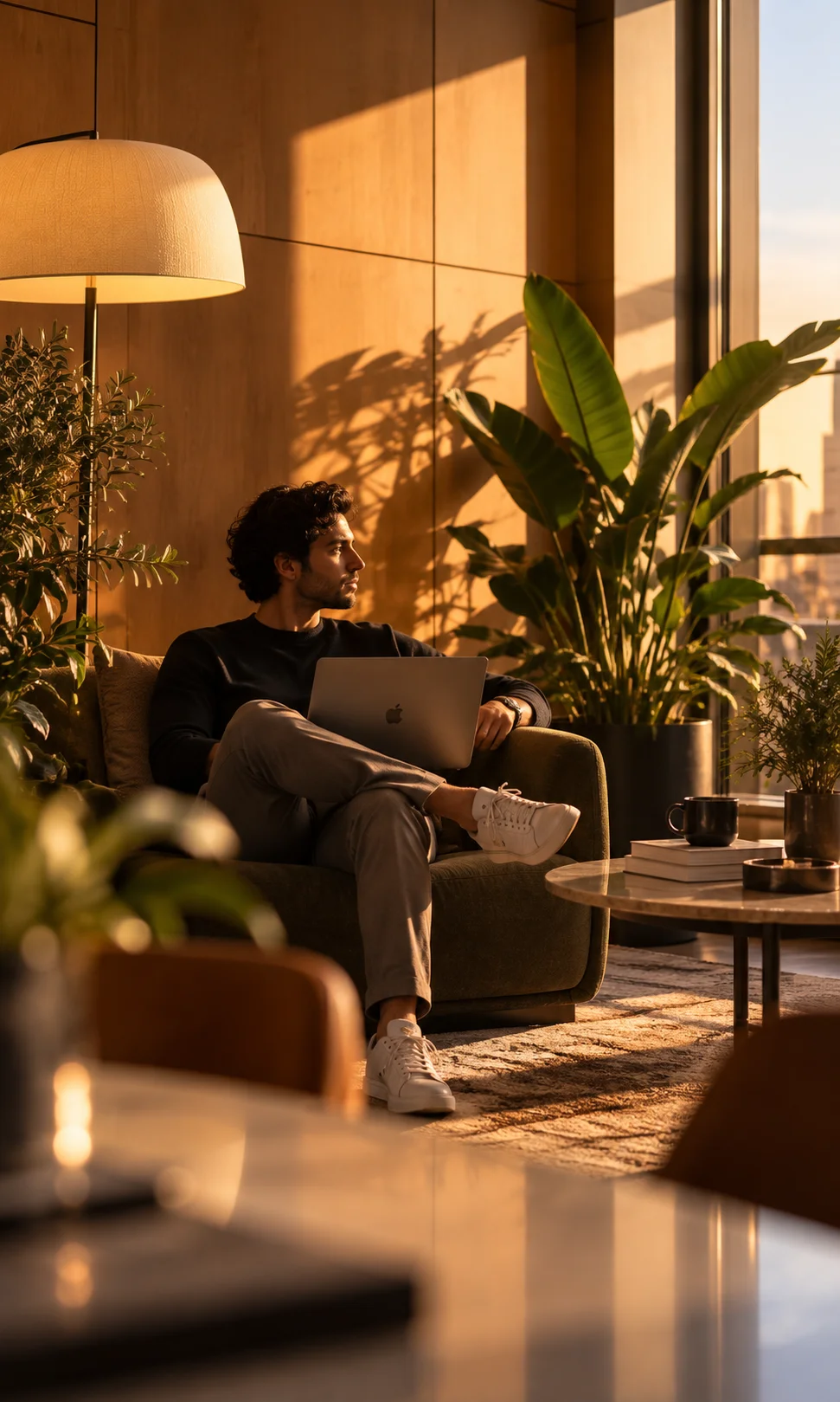 A coworking lounge with warm light and plants (artist's impression)