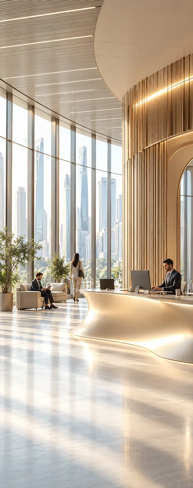 Reception desk in a District 11 lobby with full-height windows onto the city (artist's impression)