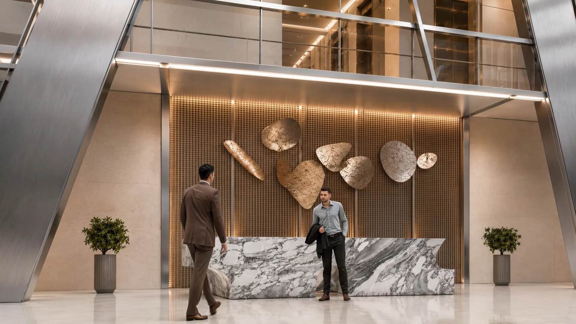 Building entrance with a marble reception desk and a sculpted wall feature (artist's impression)
